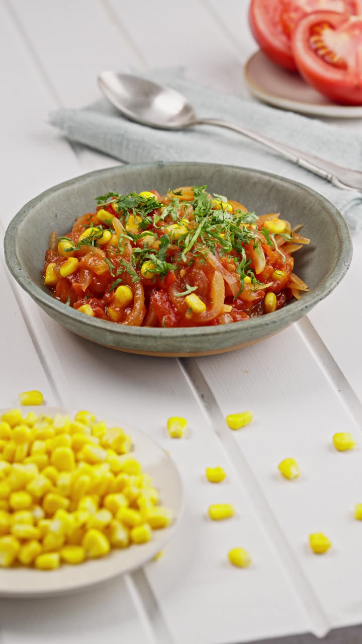 Ensalada de choclo y tomate en un plato de greda