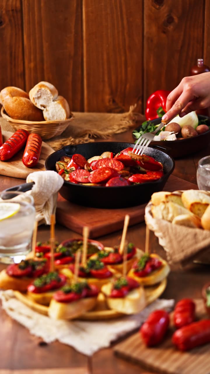 Chorizo al vino servido en sartén de fierro, con montaditos